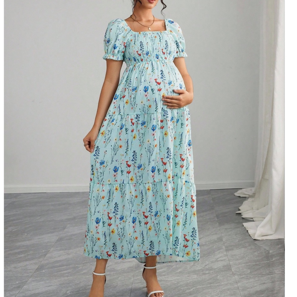 Maternity Floral Print Puff Sleeve Smocked High Waisted Maxi Dress